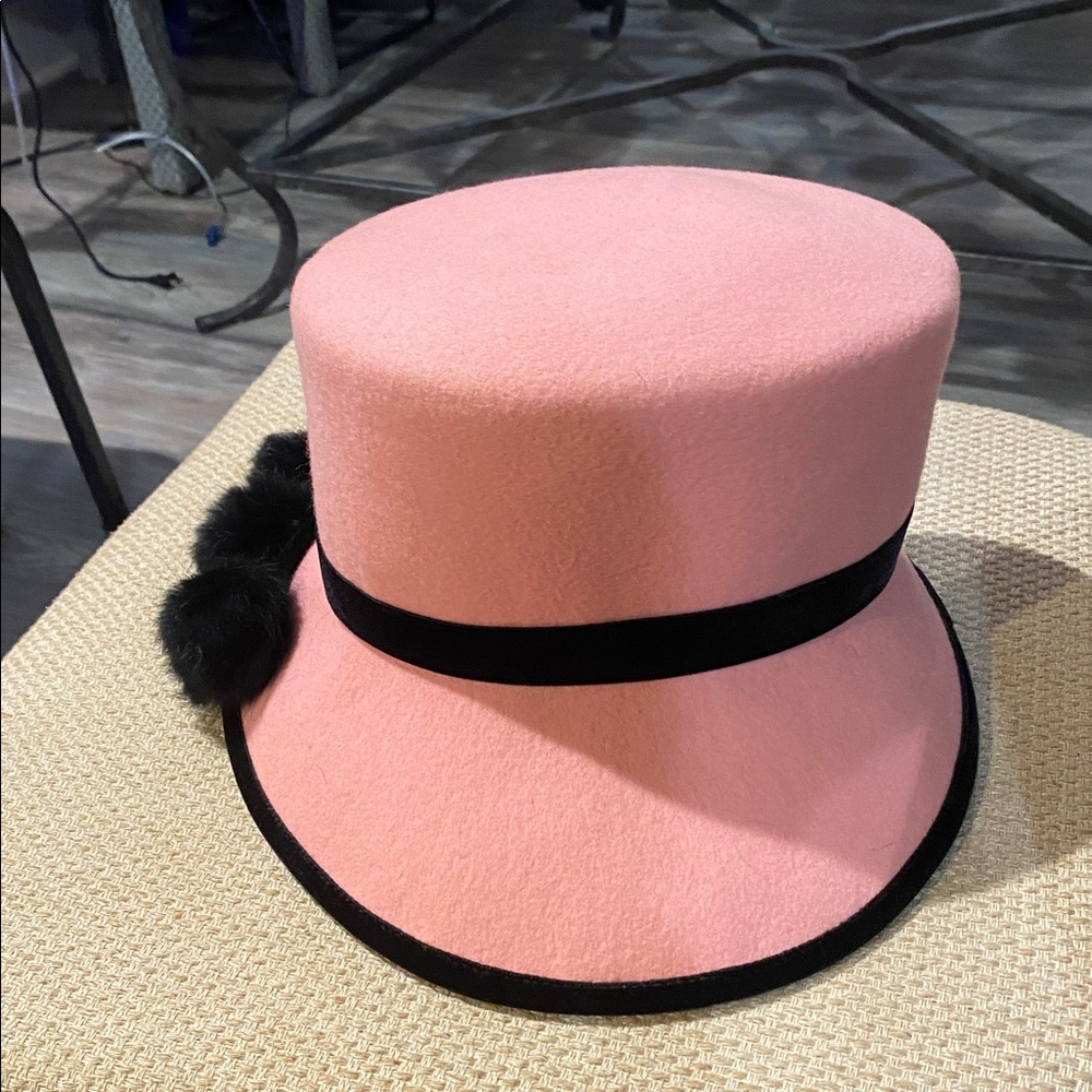 Elegant Pink and Black Felt Women's Hat w/fake fur Pom poms - Picture 4 of 5